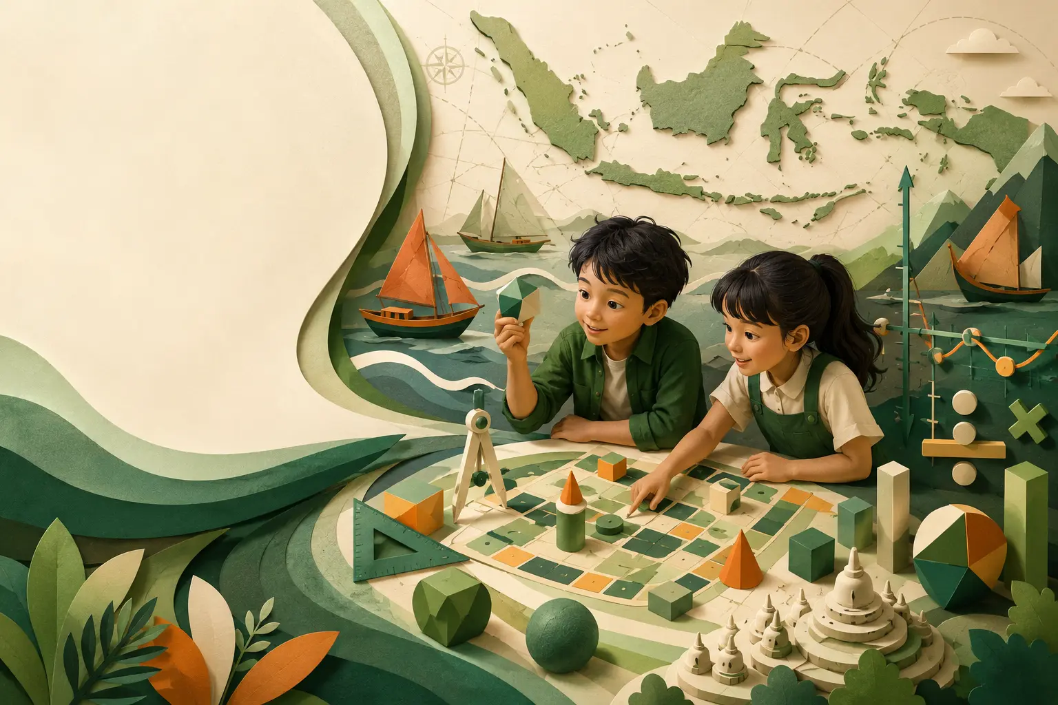 Dua pelajar mengeksplorasi geometri, numerasi, dan konteks maritim Indonesia
